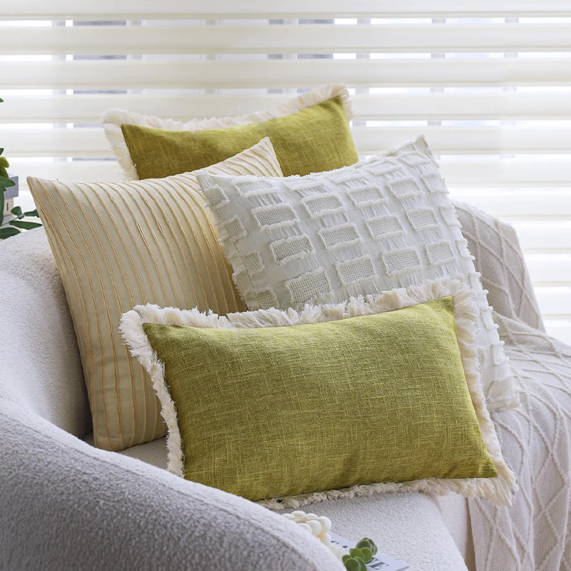 Rectangular cushion cover with woven linen look and decorative fringed edge Stornfield