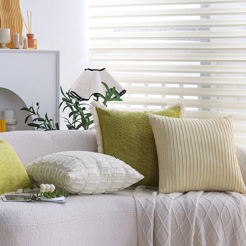Rectangular cushion cover with woven linen look and decorative fringed edge Stornfield
