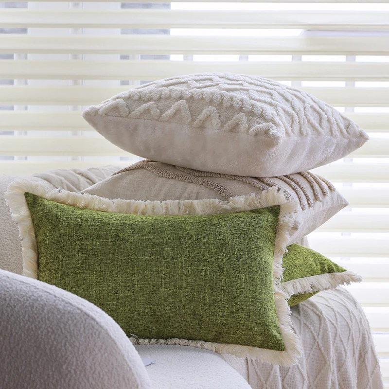 Rectangular cushion cover with woven linen look and decorative fringed edge Stornfield