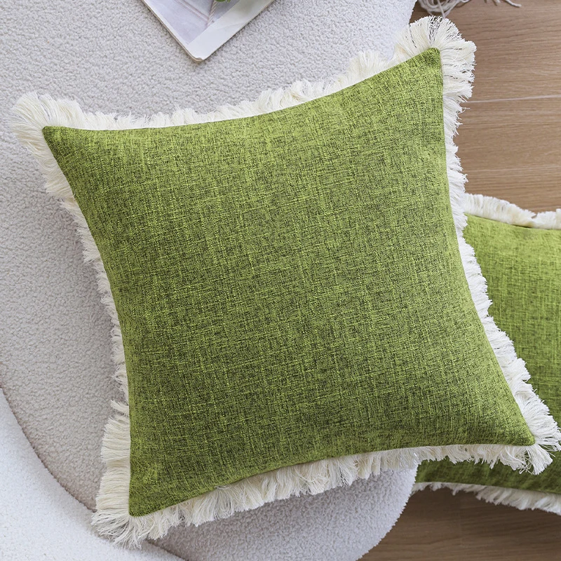 Rectangular cushion cover with woven linen look and decorative fringed edge Stornfield