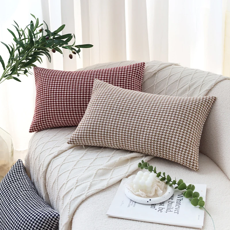 Rectangular Houndstooth Lumbar Pillow Cover made of dense cotton blend with concealed zipper Stornfield