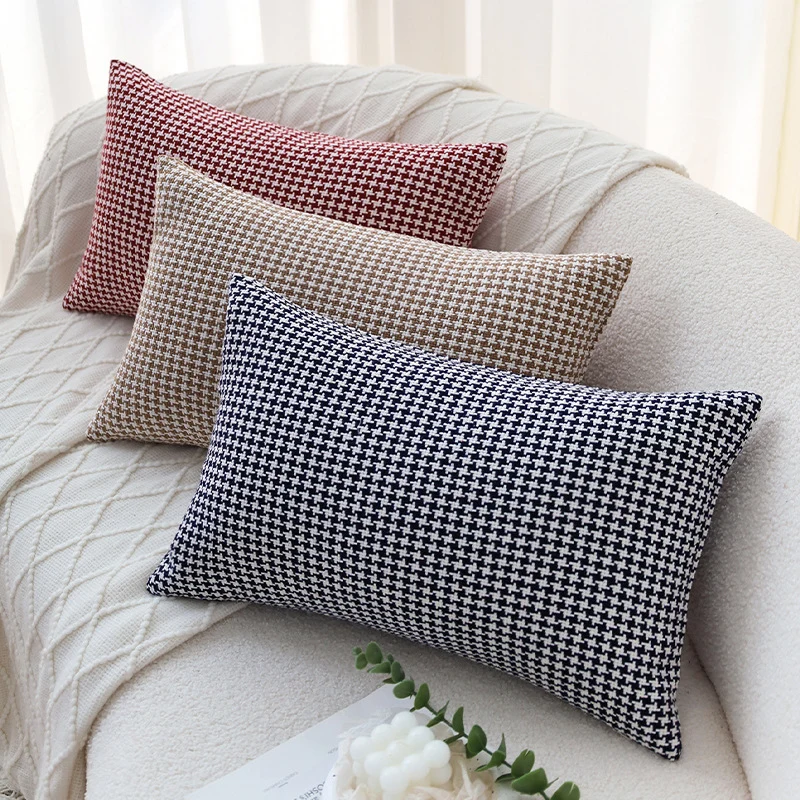 Rectangular Houndstooth Lumbar Pillow Cover made of dense cotton blend with concealed zipper Stornfield