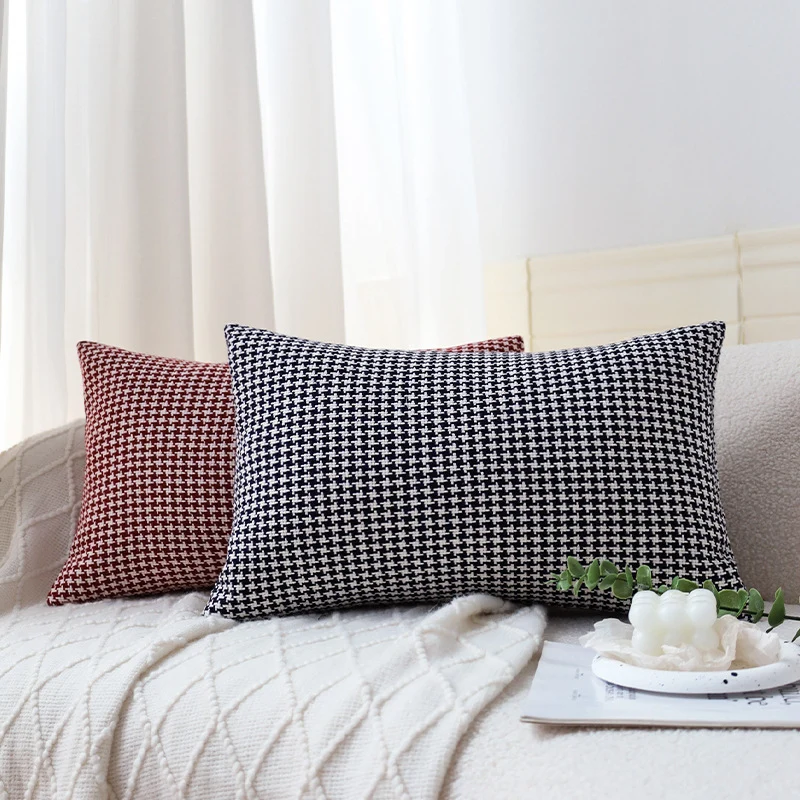 Rectangular Houndstooth Lumbar Pillow Cover made of dense cotton blend with concealed zipper Stornfield