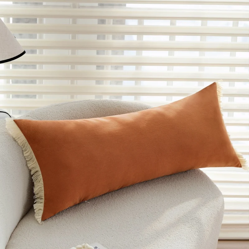 Rectangular Fringe Lumbar Cushion Cover made of Velvet Imitation with Soft Microfiber Surface Stornfield