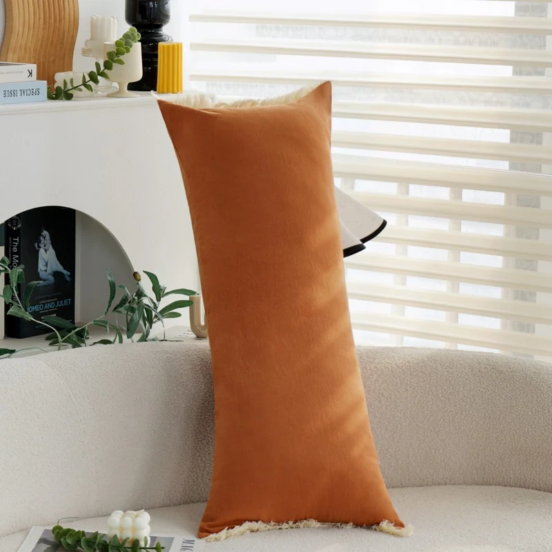 Rectangular Fringe Lumbar Cushion Cover made of Velvet Imitation with Soft Microfiber Surface Stornfield