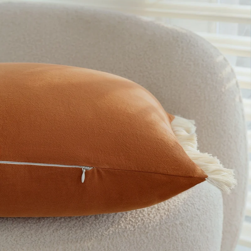 Rectangular Fringe Lumbar Cushion Cover made of Velvet Imitation with Soft Microfiber Surface Stornfield