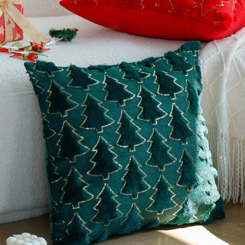 Rectangular decorative cushion cover with tufted Christmas tree application, faux fur texture and sequin trim Stornfield