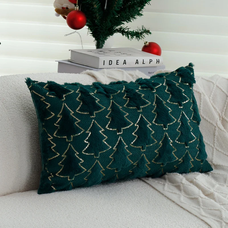 Rectangular decorative cushion cover with tufted Christmas tree application, faux fur texture and sequin trim Stornfield