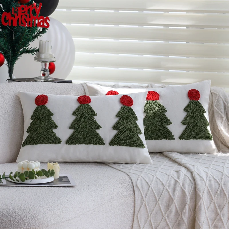 Rectangular decorative cushion cover with tufted Christmas tree application Stornfield