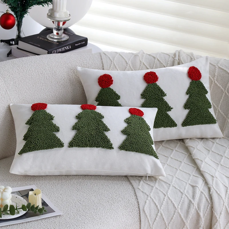 Rectangular decorative cushion cover with tufted Christmas tree application Stornfield