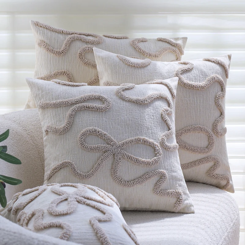 Rectangular decorative cushion cover with curved tufting and structured cotton-linen blend Stornfield
