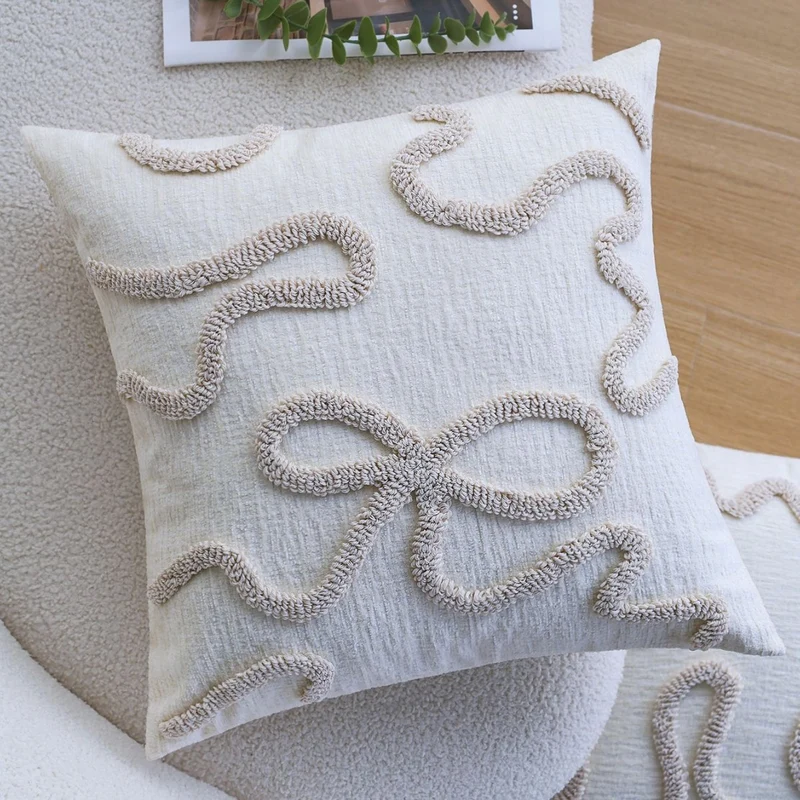 Rectangular decorative cushion cover with curved tufting and structured cotton-linen blend Stornfield