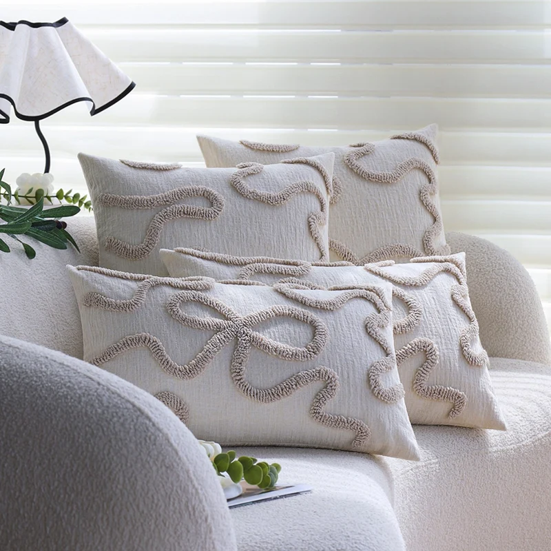 Rectangular decorative cushion cover with curved tufting and structured cotton-linen blend Stornfield