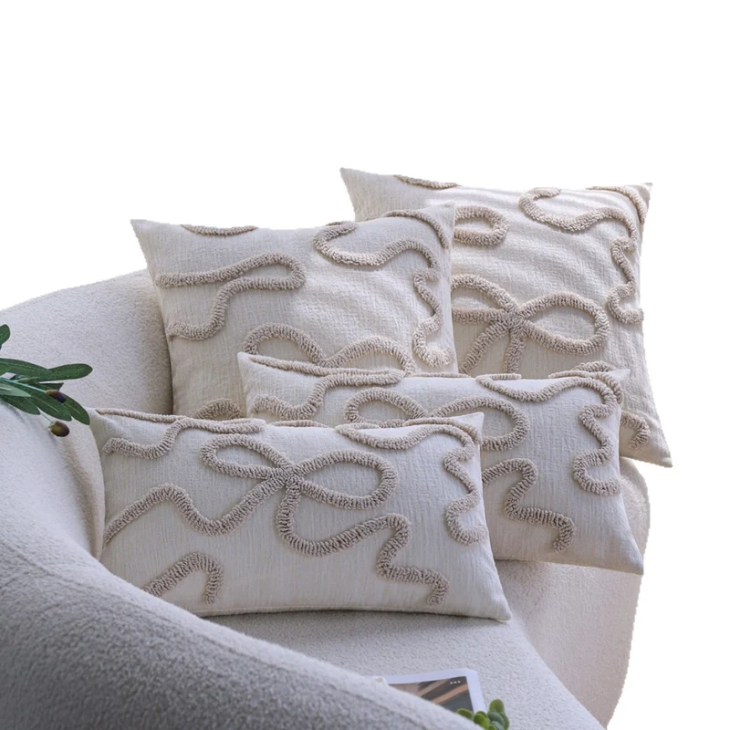 Rectangular decorative cushion cover with curved tufting and structured cotton-linen blend Stornfield