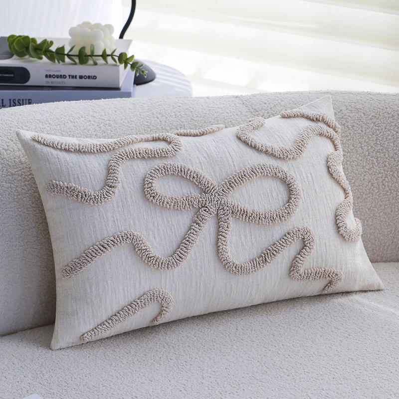 Rectangular decorative cushion cover with curved tufting and structured cotton-linen blend Stornfield