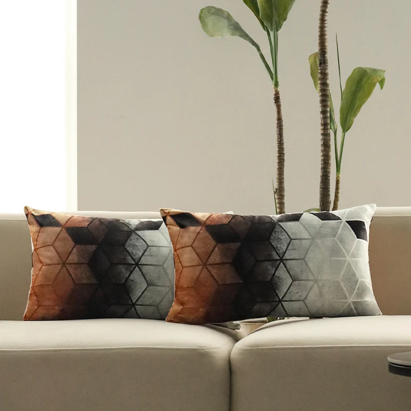Rectangular decorative cushion cover with geometric cube pattern and soft microfiber Stornfield