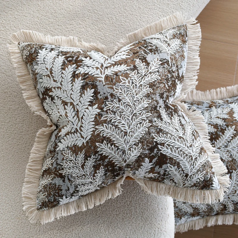 Rectangular decorative cushion cover with embroidered leaf jacquard and fringe edge Stornfield