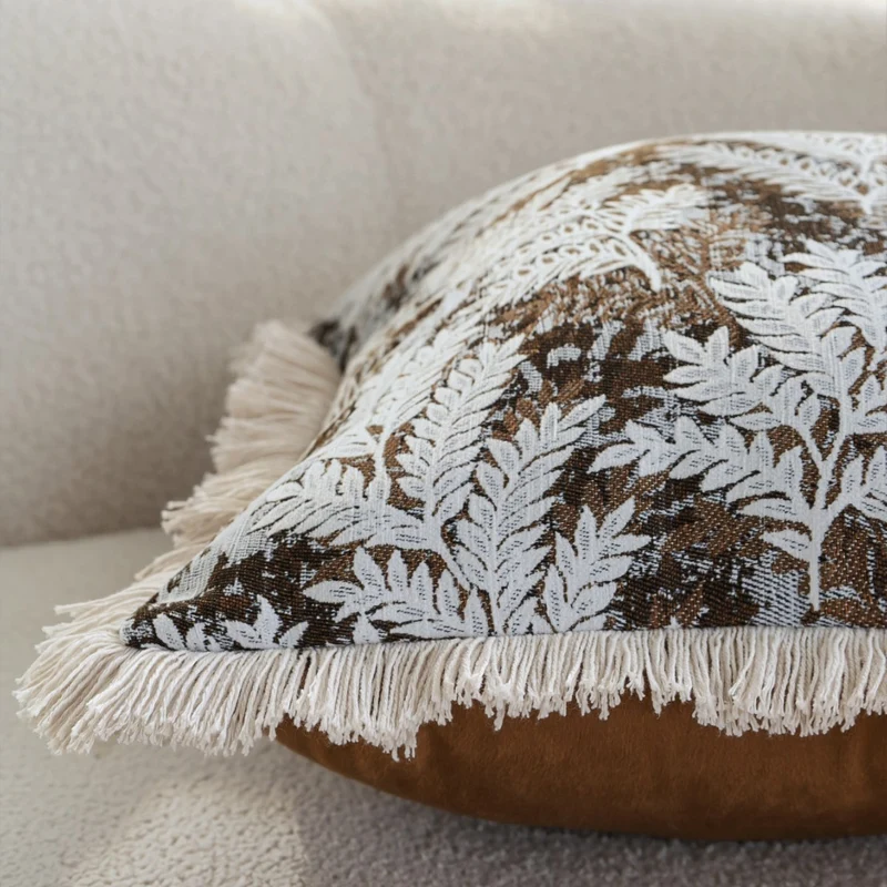 Rectangular decorative cushion cover with embroidered leaf jacquard and fringe edge Stornfield
