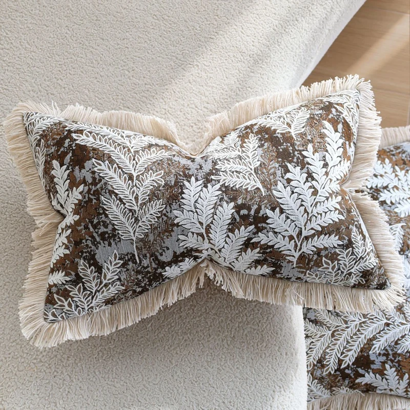 Rectangular decorative cushion cover with embroidered leaf jacquard and fringe edge Stornfield