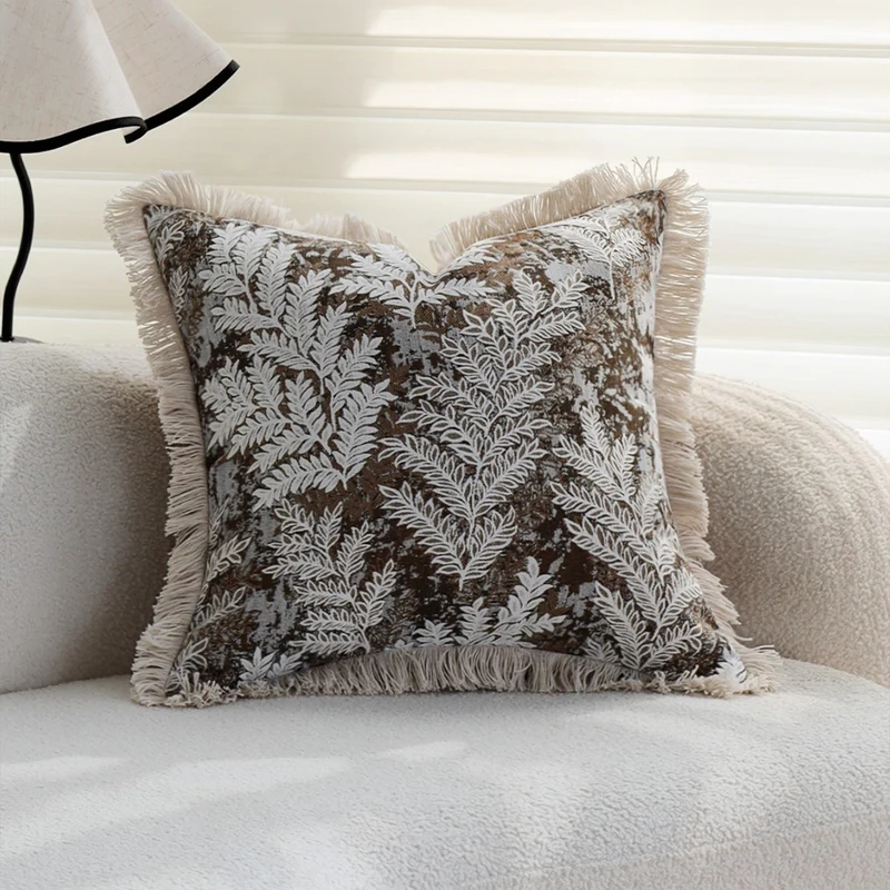 Rectangular decorative cushion cover with embroidered leaf jacquard and fringe edge Stornfield