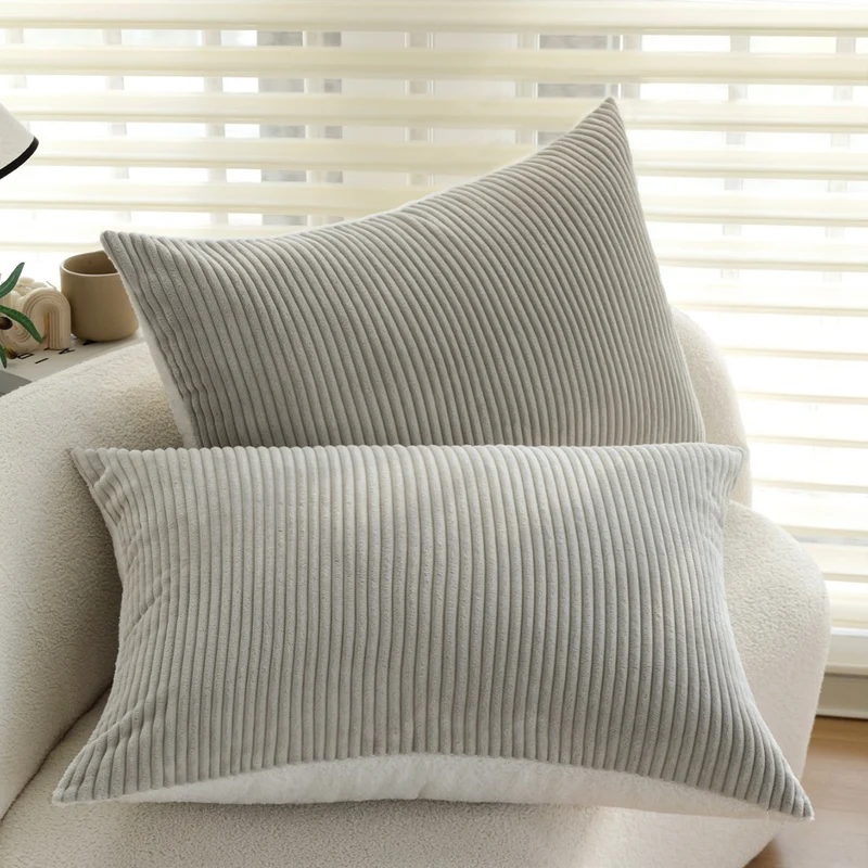 Rectangular corduroy look cushion cover with fine ribbed structure and concealed zipper Stornfield