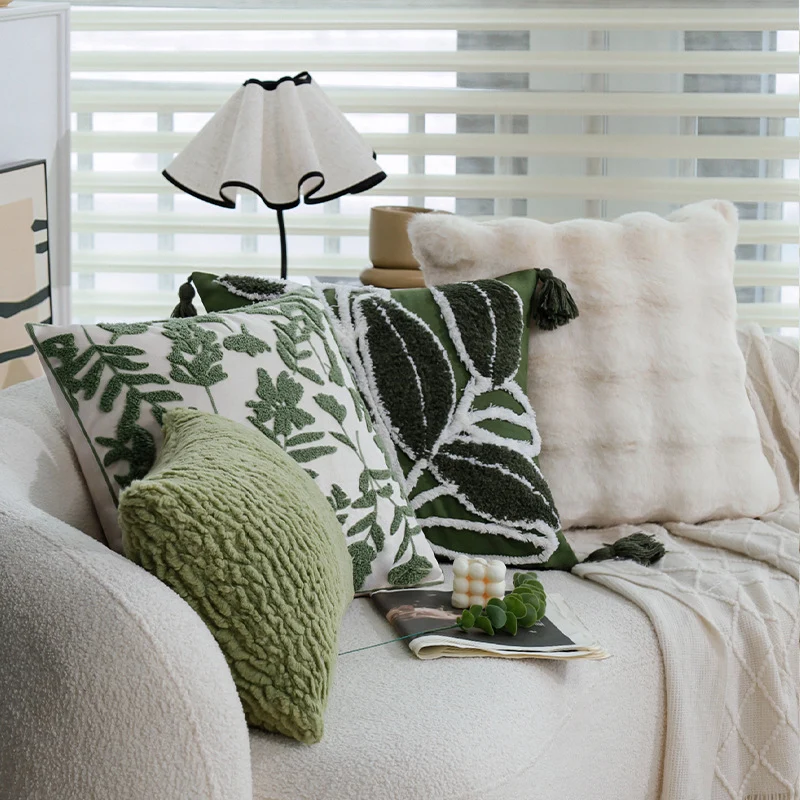 Square decorative cushion with raised leaf tufting and tassels Stornfield