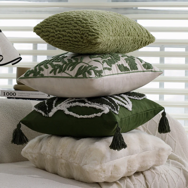 Square decorative cushion with raised leaf tufting and tassels Stornfield