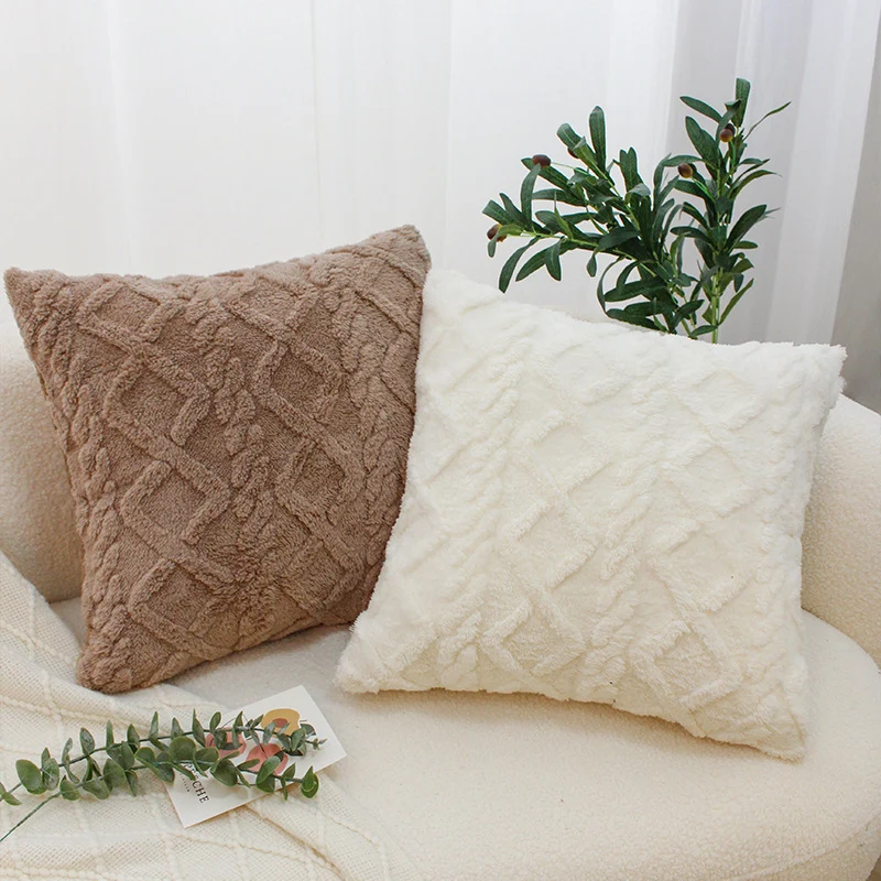 Square living cushion made of teddy boucle with raised diamond texture Stornfield