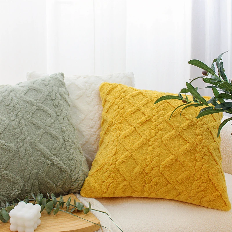 Square living cushion made of teddy boucle with raised diamond texture Stornfield