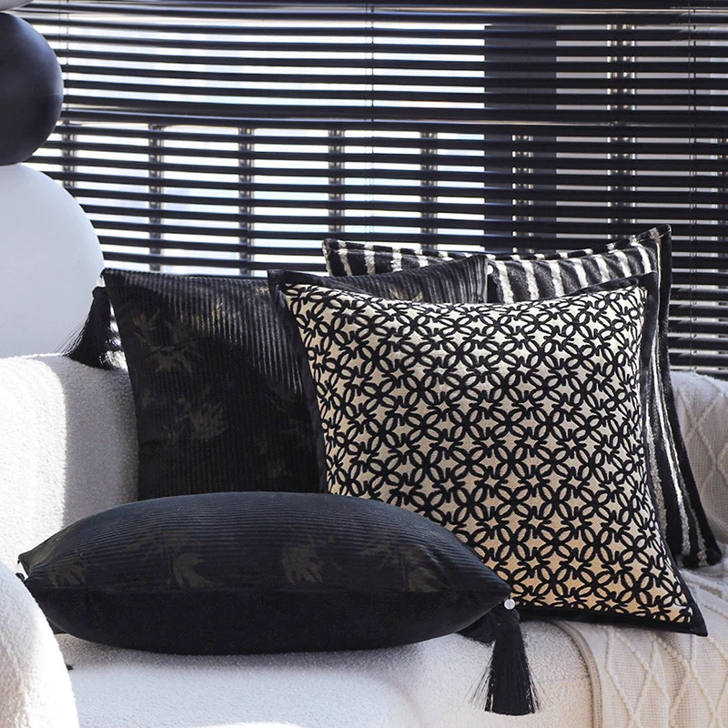 Square decorative cushion made of velvet with relief longitudinal stripes and fringe tassel Stornfield