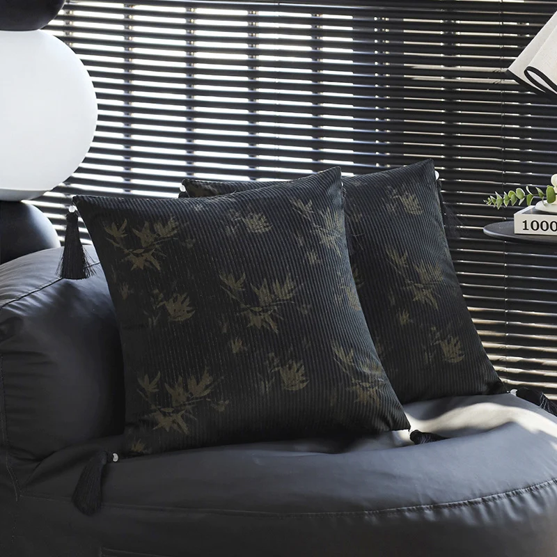 Square decorative cushion made of velvet with relief longitudinal stripes and fringe tassel Stornfield