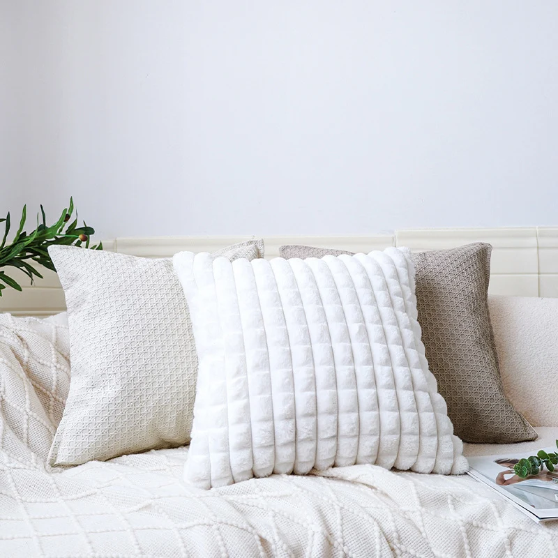 Square decorative pillow cover with horizontal plush rib structure and soft teddy fleece Stornfield