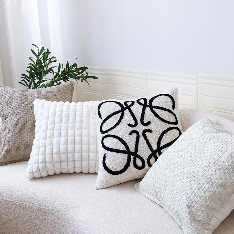 Square decorative pillow cover with horizontal plush rib structure and soft teddy fleece Stornfield