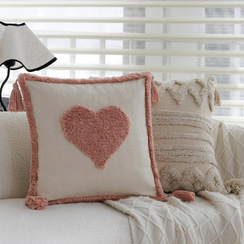 Square decorative cushion cover with heart-shaped tufted appliqués and tassels Stornfield