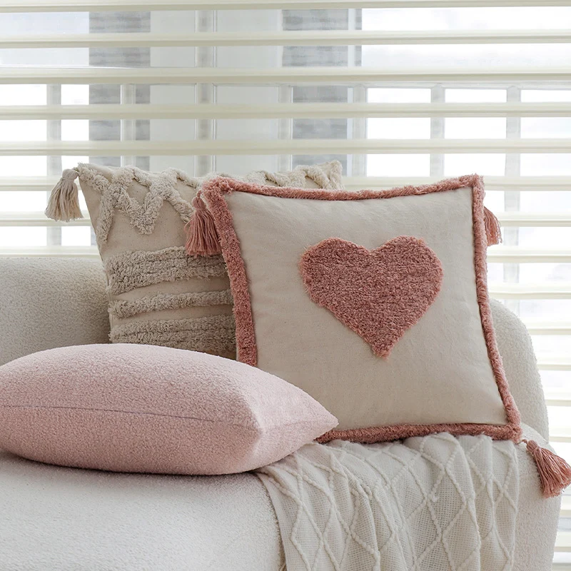 Square decorative cushion cover with heart-shaped tufted appliqués and tassels Stornfield