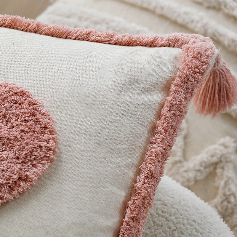 Square decorative cushion cover with heart-shaped tufted appliqués and tassels Stornfield