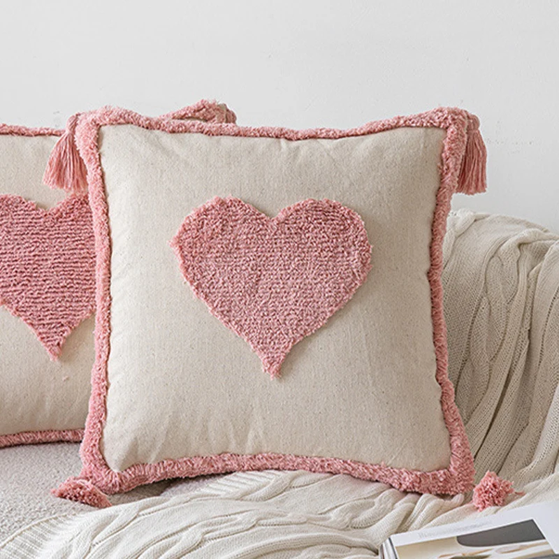 Square decorative cushion cover with heart-shaped tufted appliqués and tassels Stornfield