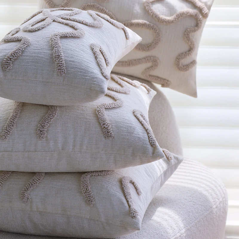 Square decorative cushion cover with hand-tufted bow and wave relief made of cotton-linen mix Stornfield