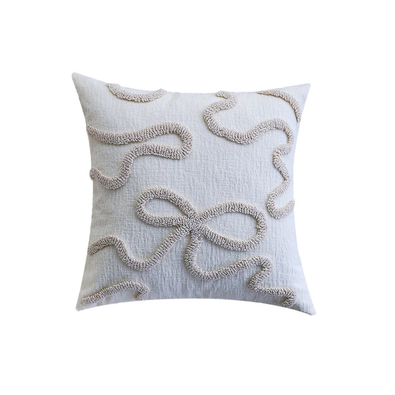 Square decorative cushion cover with hand-tufted bow and wave relief made of cotton-linen mix Stornfield