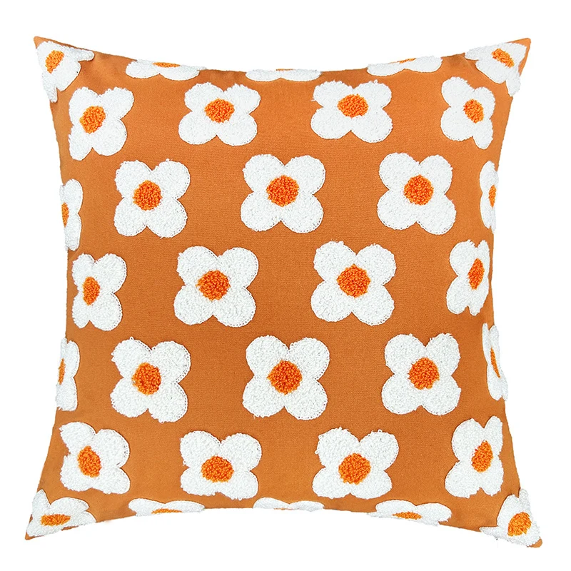 Square decorative cushion cover with hand-tufted flower relief and bouclé applications Stornfield