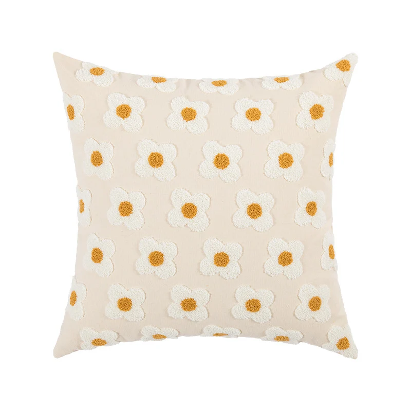 Square decorative cushion cover with hand-tufted flower relief and bouclé applications Stornfield