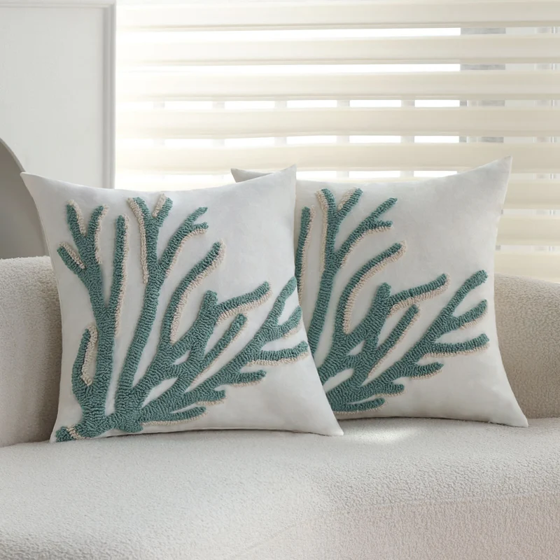 Square decorative cushion cover with hand-tufted sea coral relief and linen look Stornfield