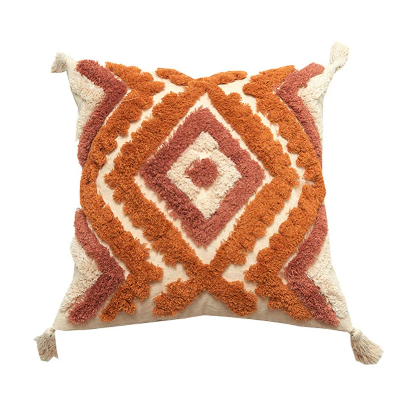 Square decorative cushion cover with hand-tufted diamond relief and decorative corner tassels Stornfield