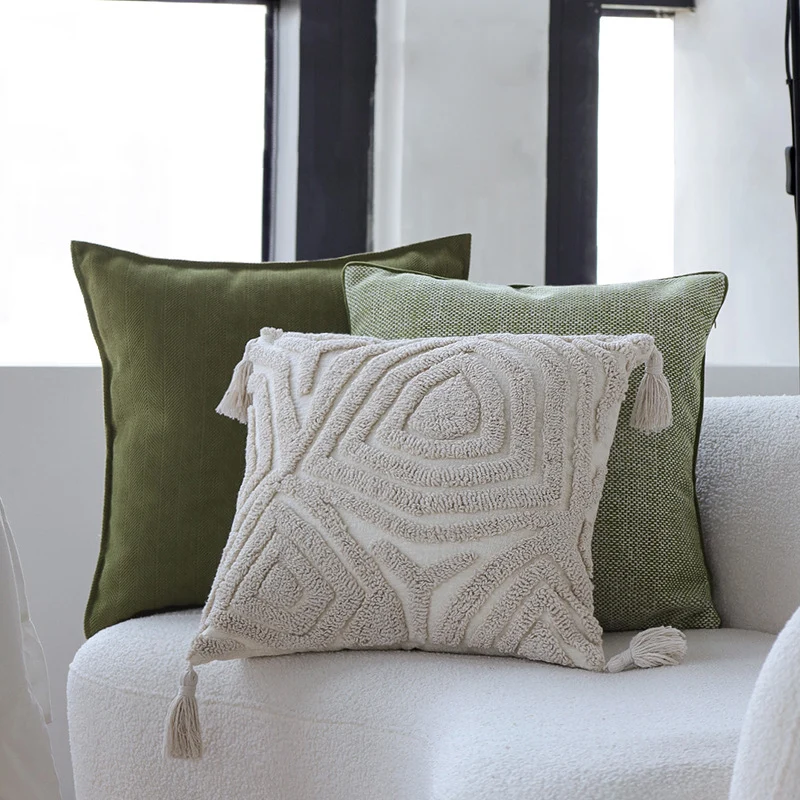 Square decorative cushion cover with geometric tufting and fringe tassels Stornfield