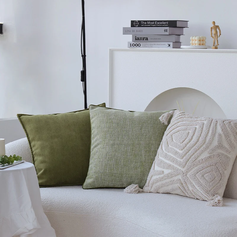Square decorative cushion cover with geometric tufting and fringe tassels Stornfield