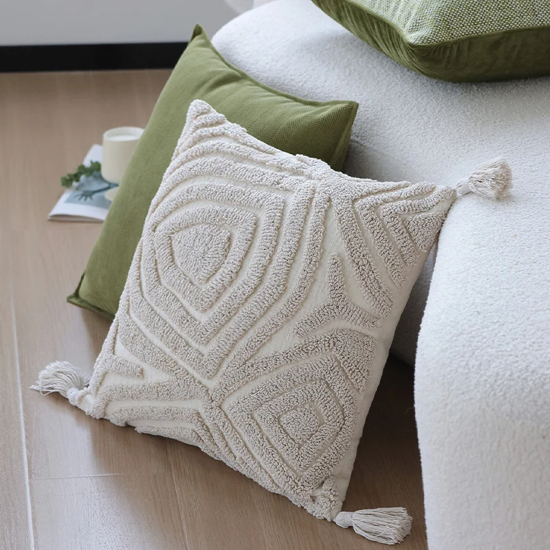 Square decorative cushion cover with geometric tufting and fringe tassels Stornfield