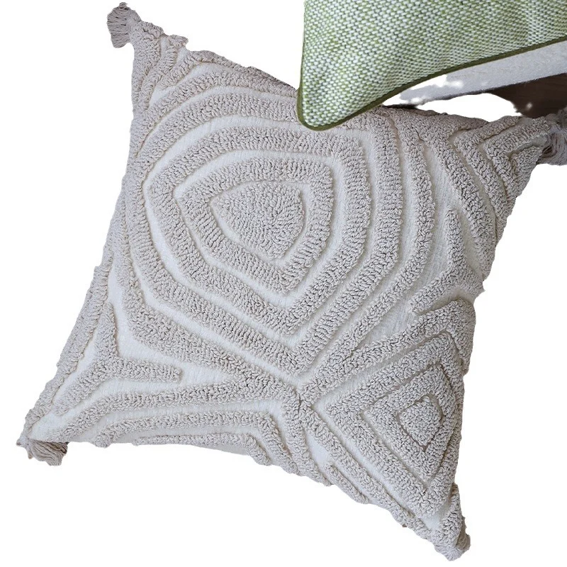 Square decorative cushion cover with geometric tufting and fringe tassels Stornfield