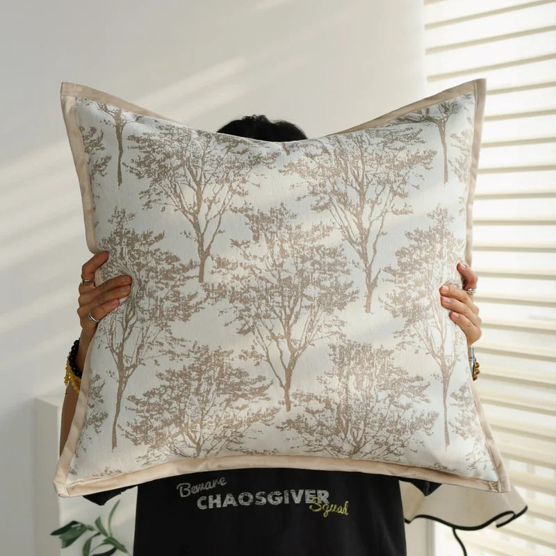Square decorative cushion cover with fine forest pattern jacquard and velvet piping Stornfield