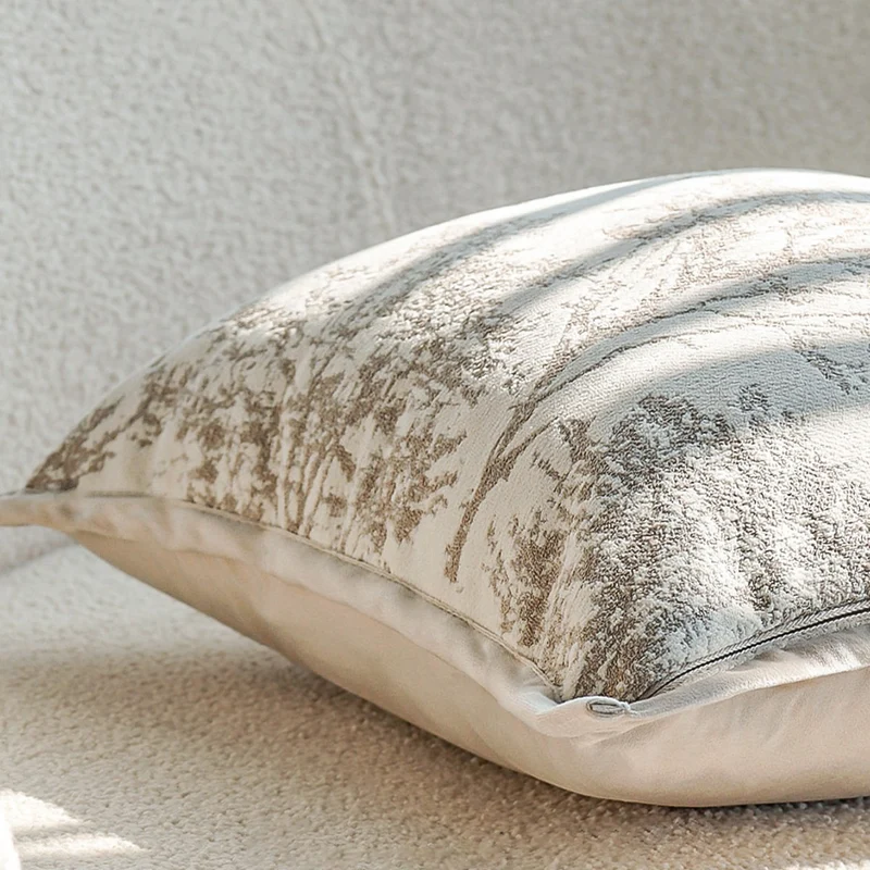 Square decorative cushion cover with fine forest pattern jacquard and velvet piping Stornfield