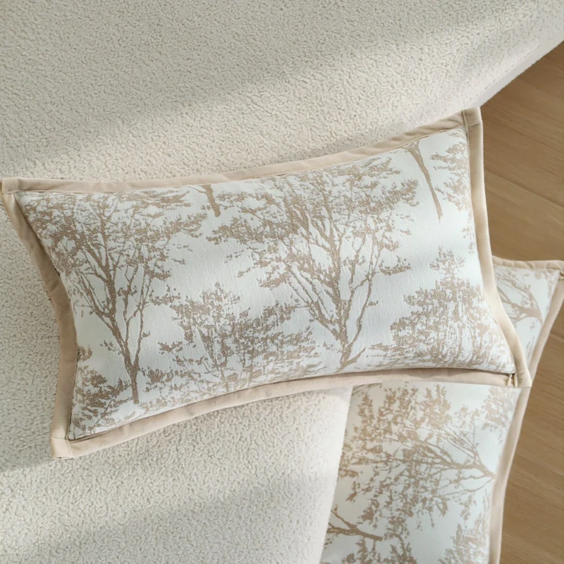 Square decorative cushion cover with fine forest pattern jacquard and velvet piping Stornfield